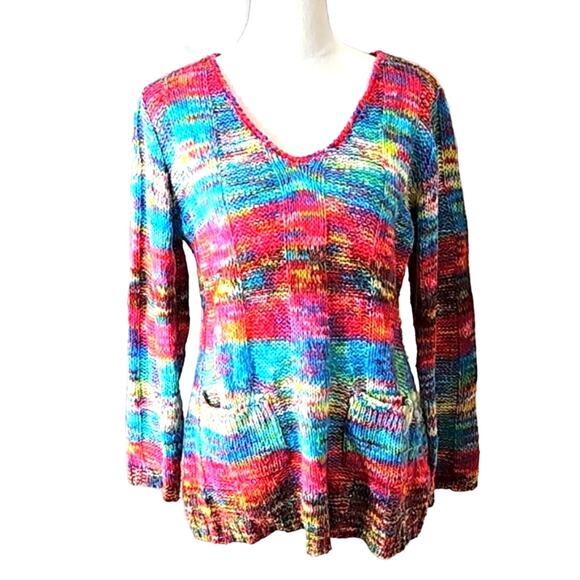 Bobbie Brooks Womens Sz L Colorful V-Neck Pockets Lagenlook Y2K Artsy Sweater - Picture 2 of 12